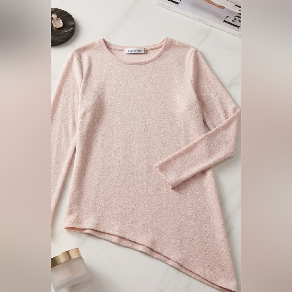 Calvin Klein Tunic Top XL Pink Metallic Shimmer Long Sleeve Asymmetric Sparkle